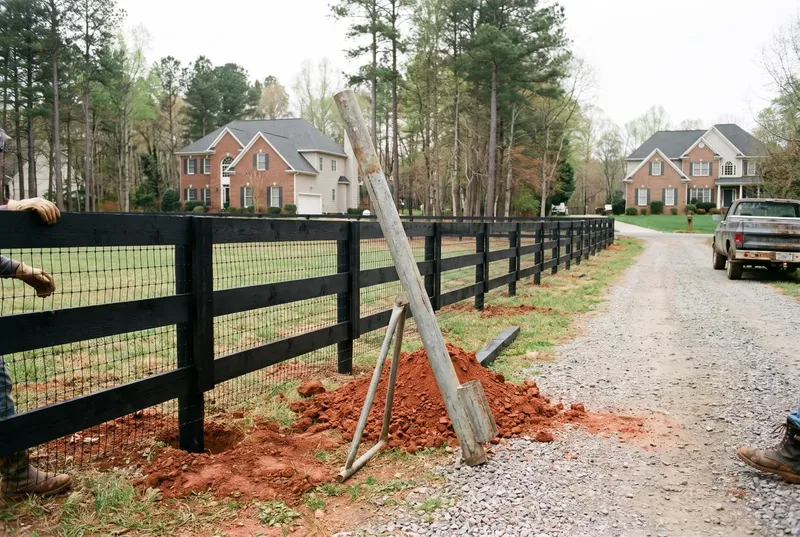 Black three-board horse fence with no-climb wire along a gravel lane (sample photo)