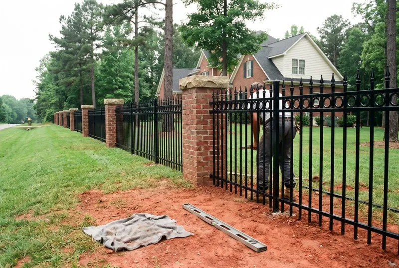 Black ornamental steel picket fence on brick columns along a road frontage (sample photo)