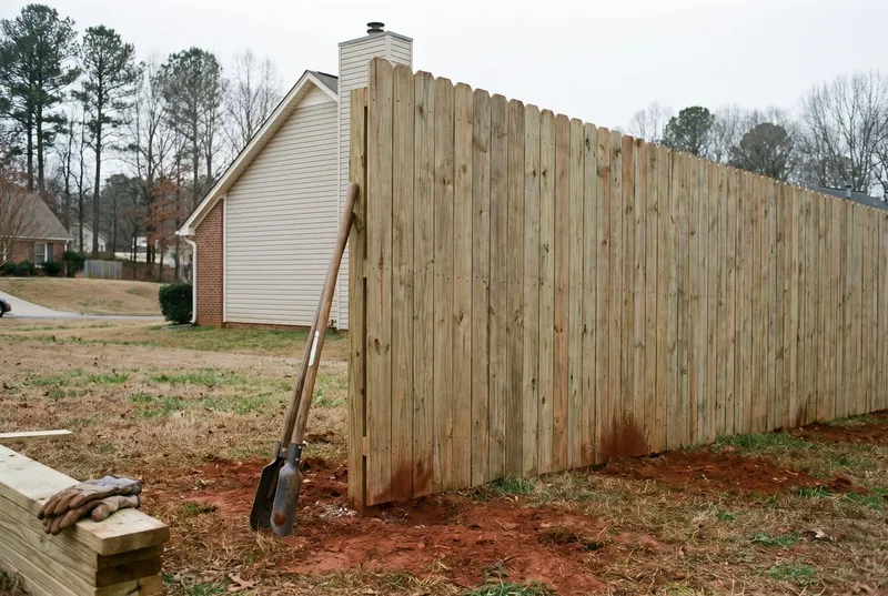 Six-foot pine dog-ear privacy fence in a 1990s subdivision backyard (sample photo)